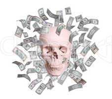 Skull in rain of dollars isolated on white