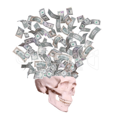 dollars flying out of skull