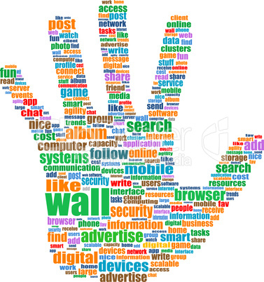 Illustration of the hand symbol, which is composed of text keywords on social media themes. Isolated on white