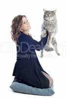 maine coon cat and woman