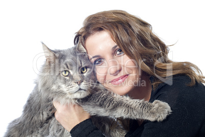 maine coon cat and woman