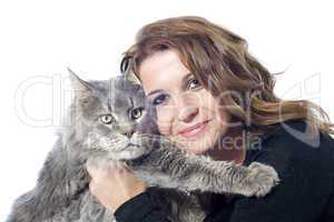maine coon cat and woman