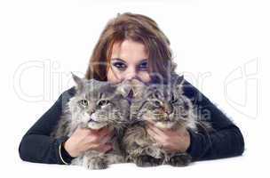 maine coon cats and woman