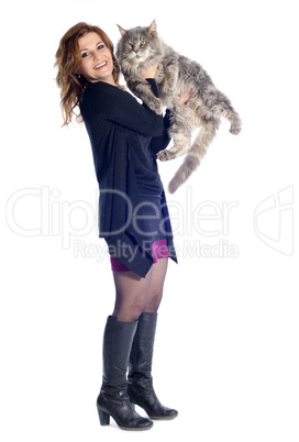 maine coon cat and woman