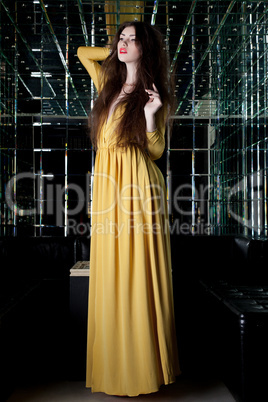 Brunette woman in long dress - night club interior