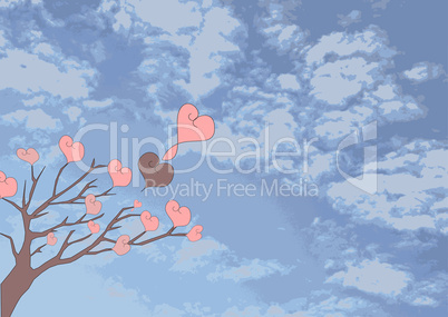 Tree with hearts against the cloudy sky