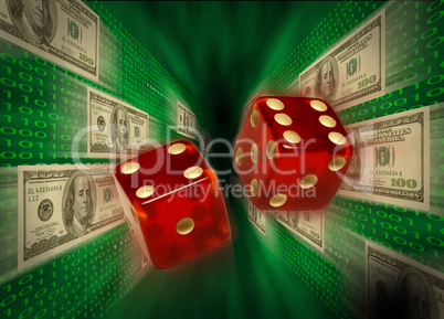 Red dice flying past $100 bills
