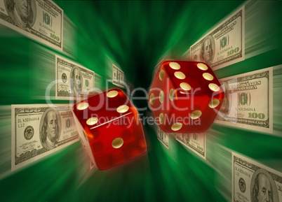 Red dice and $100 bills flying thro