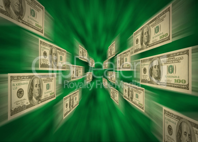 $100 bills flying through a green v