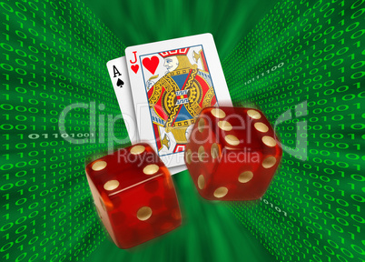Playing cards & red dice flying acr