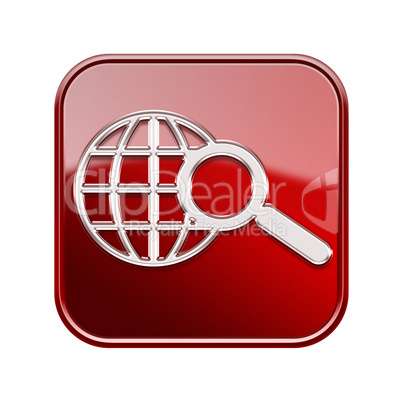 globe and magnifier icon glossy red, isolated on white backgroun