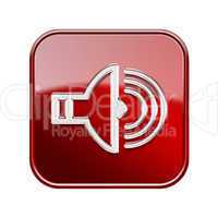 Speaker icon glossy red, isolated on white background