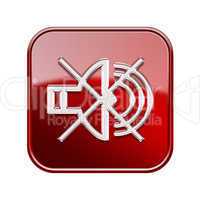 Speaker off icon glossy red, isolated on white background