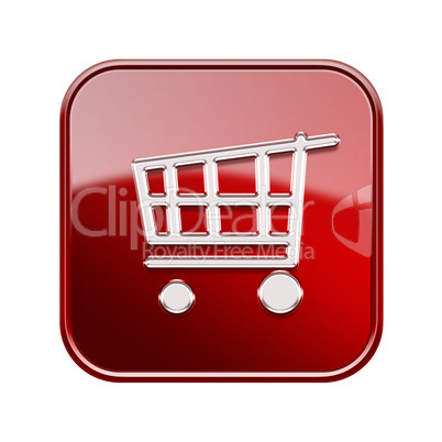 shopping cart icon glossy red, isolated on white background