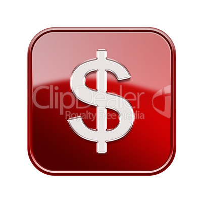 Dollar icon glossy red, isolated on white background