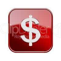 Dollar icon glossy red, isolated on white background