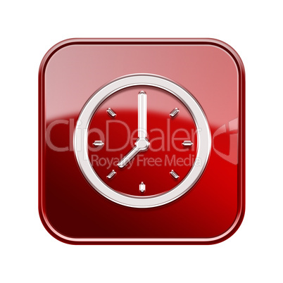Clock icon glossy red, isolated on white background