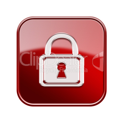 Lock icon glossy red, isolated on white background