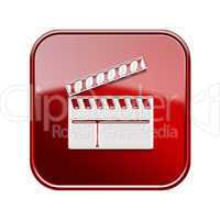 movie clapper board icon glossy red, isolated on white backgroun