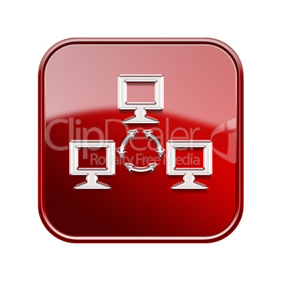 Network icon glossy red, isolated on white background.