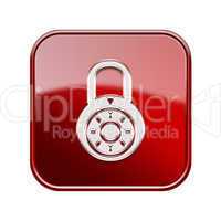 Lock off icon glossy red, isolated on white background.