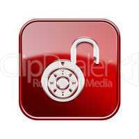 Lock on icon glossy red, isolated on white background.