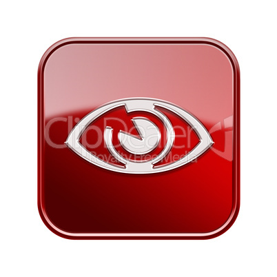eye icon glossy red, isolated on white background.