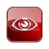 eye icon glossy red, isolated on white background.