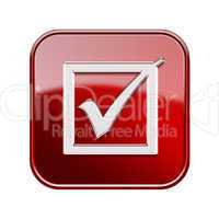 check icon glossy red, isolated on white background