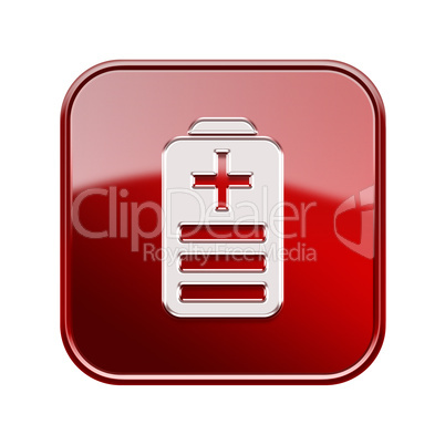 Battery icon glossy red, isolated on white background