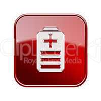 Battery icon glossy red, isolated on white background