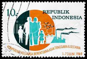 Postage stamp Indonesia 1969 Family, Birds and Factories