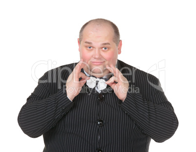 Portrait elegant very fat man in suit and bow