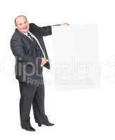 Cheerful overweight man with a blank sign