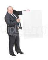 Cheerful overweight man with a blank sign
