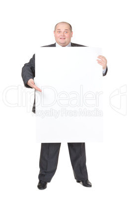 Cheerful overweight man with a blank sign