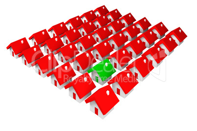 Block of red houses with one green