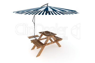 Wooden pub bench with parasol