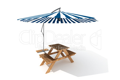 Wooden pub bench with parasol