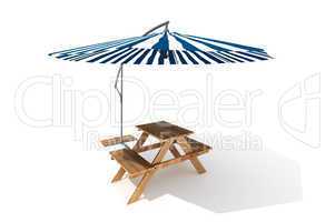 Wooden pub bench with parasol