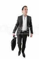 Portrait of a business man carrying a suitcase on white backgrou