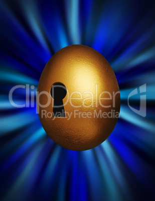 Golden egg with keyhole representing unlocking financial security against a blue vortex background