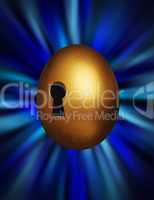 Golden egg with keyhole representing unlocking financial security against a blue vortex background