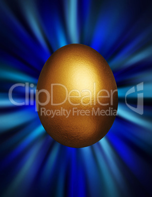 Golden egg against a blue vortex background