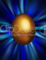 Golden egg against a blue vortex background
