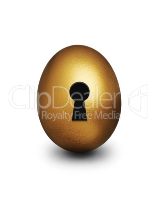 Golden egg with keyhole representing unlocking financial security against a white background