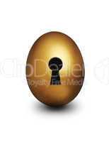 Golden egg with keyhole representing unlocking financial security against a white background