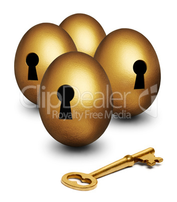 Gold key lying in front of four gol