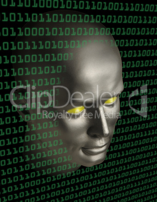 A robot android face penetrating a