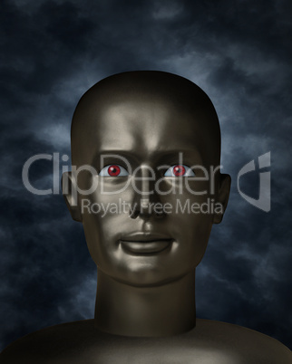 Dark mannequin face with red eyes